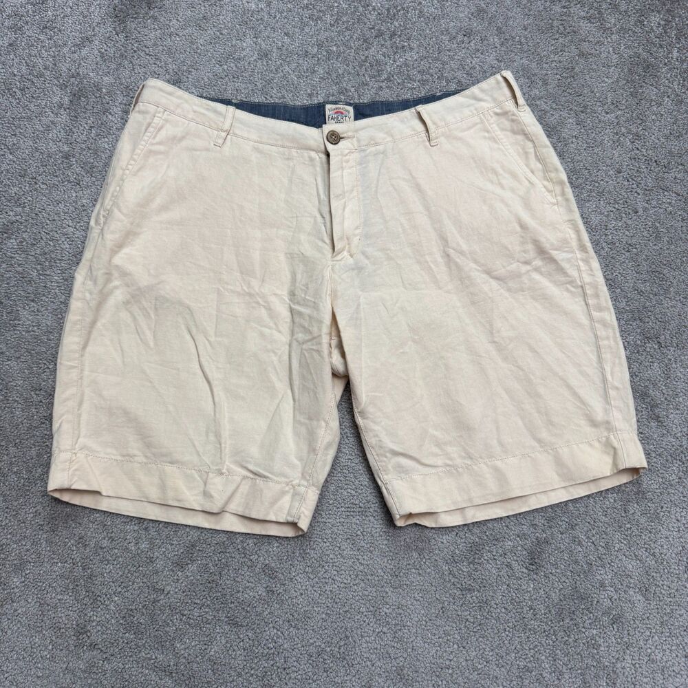 Faherty Linen Blend Chino Shorts Mens 34 Beige Flat Front Casual Summer Classic